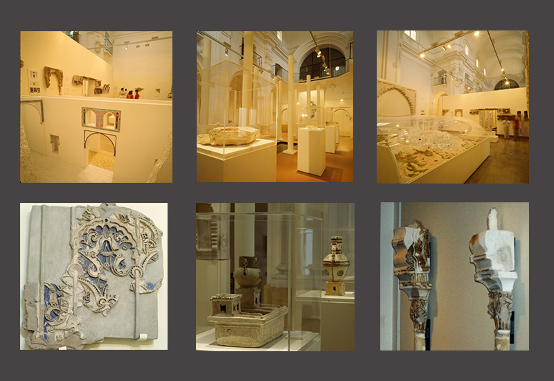 Several images of the exhibition hall and objects on display in the 17th c. Baroque church of the Veronicas Convent of Murcia. In the upper right corner, a scale model of Medina Siyâsa archaeological site (Cieza, Murcia), an unavoidable reference of daily life in al-Andalus. The central image of the second row shows an ablution basin shaped as an architectural model that reproduces the traditional scheme of the residential architecture of al Andalus. In the background, a rounded-edge jug, 13th c. The last image shows proto-Nasrid capitals from the southern hall of al-Qaṣr al-Ṣagīr, Murcia.