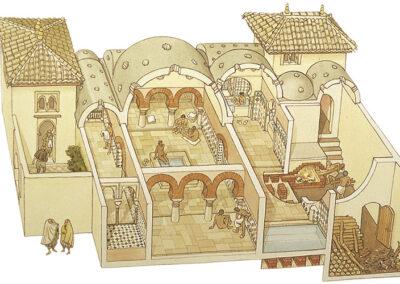 Drawing recreating a "hammam" or Arab bath.