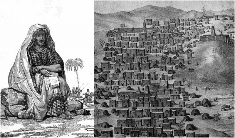 Grabado de René Caillié vestido con indumentria árabe, junto a una representación de Tombuctú.